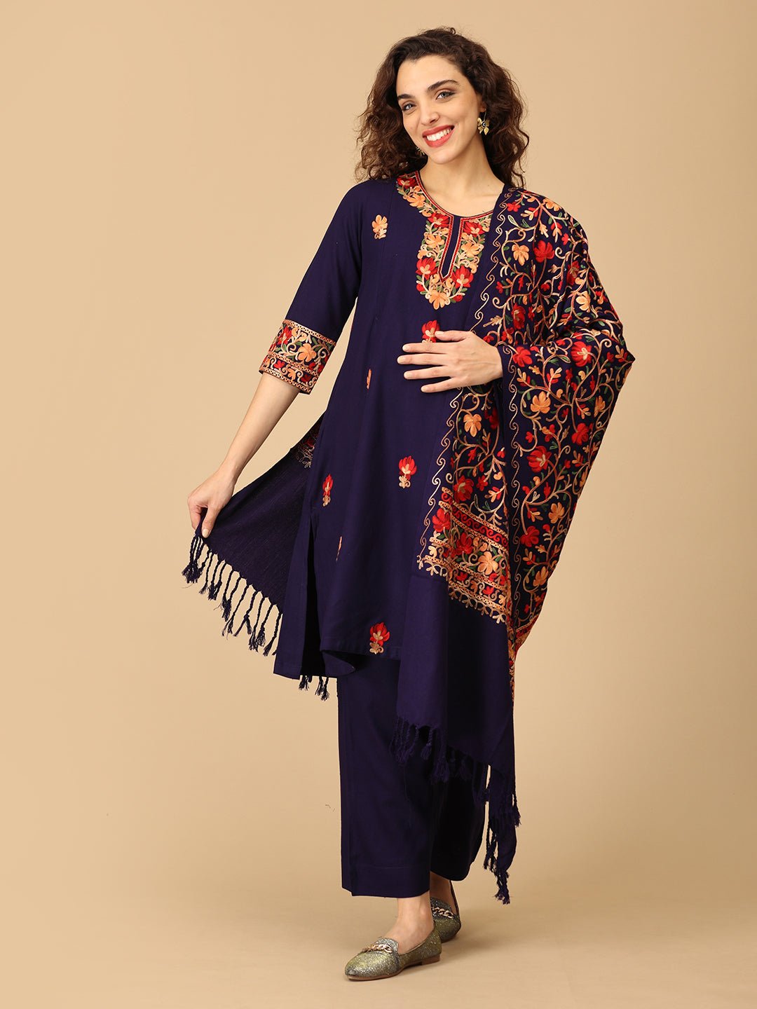  Sitara-e-Neel Cashmilon Maternity and Nursing Kurta Set Navy Blue