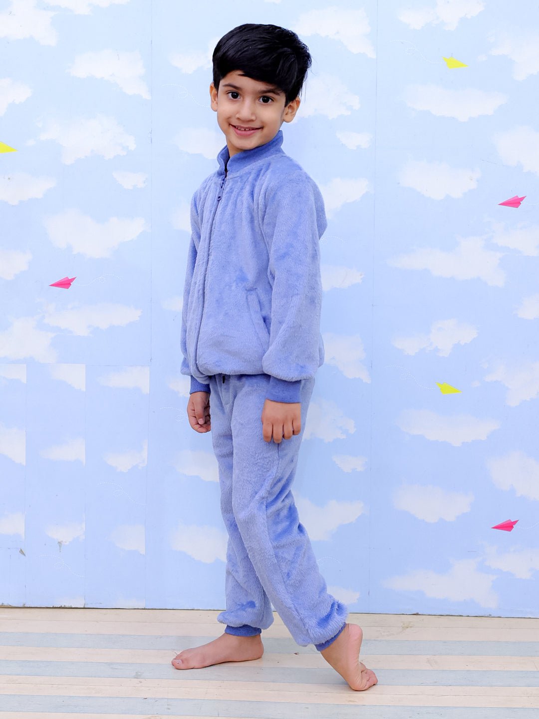 Blue Smurf Squad Fleece Zipper Jacket Nightsuit Set For Kids