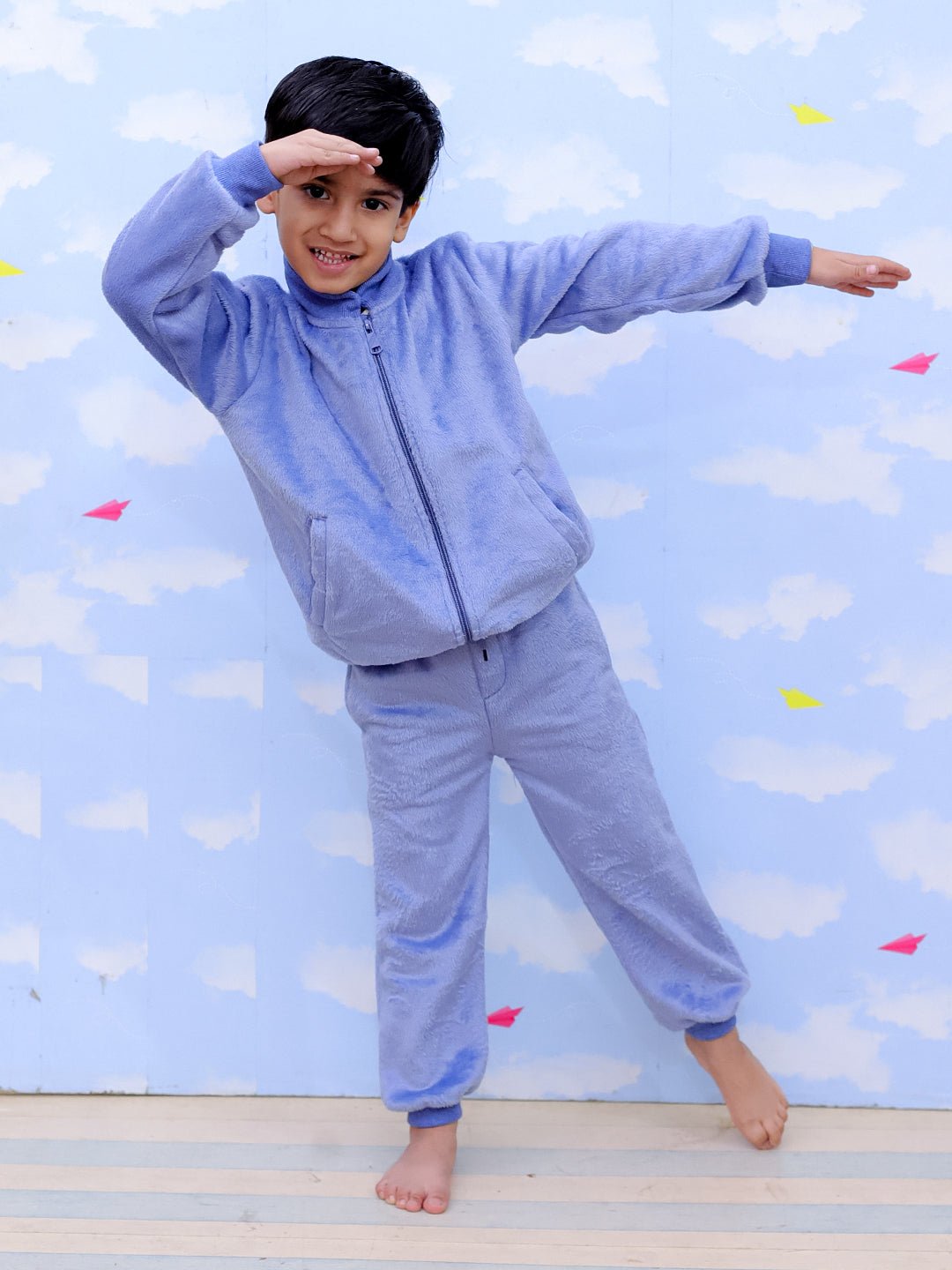 Blue Smurf Squad Fleece Zipper Jacket Nightsuit Set For Kids