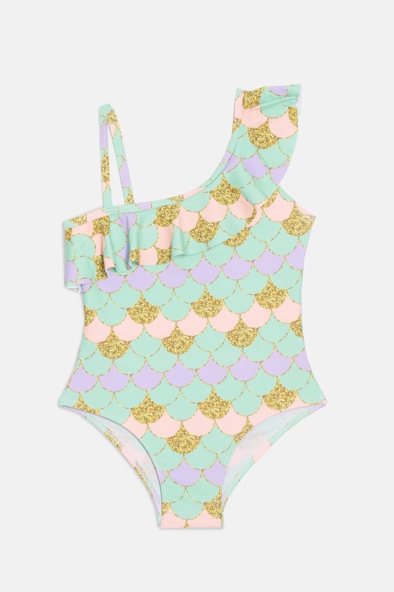 Sparkle Splash Girls Ruffle Mermaid Print One Shoulder Swimsuit