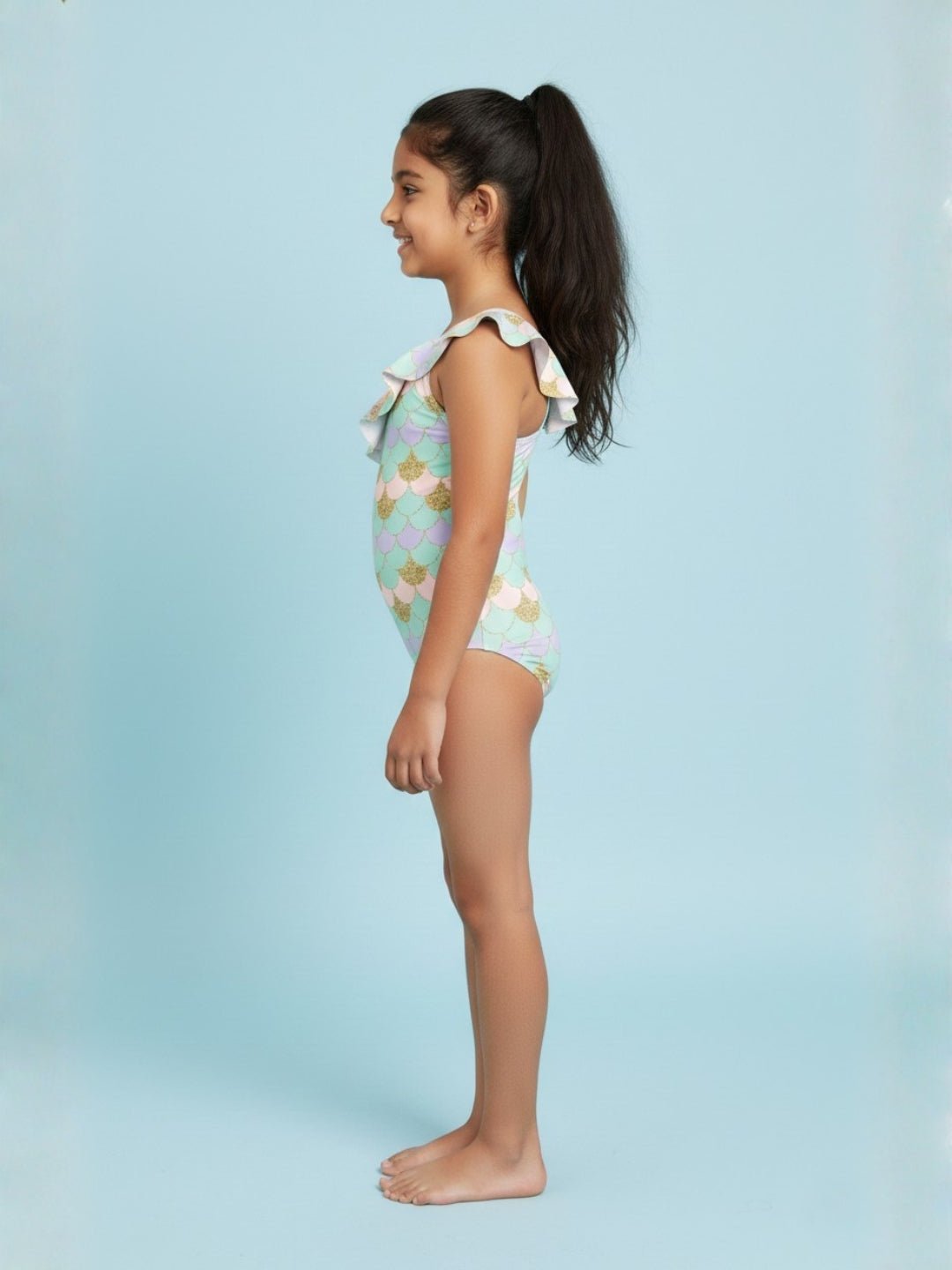 Sparkle Splash Girls Ruffle Mermaid Print One Shoulder Swimsuit
