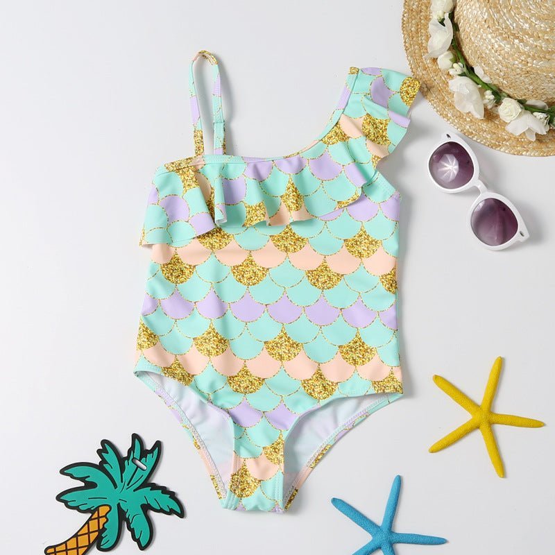 Sparkle Splash Girls Ruffle Mermaid Print One Shoulder Swimsuit