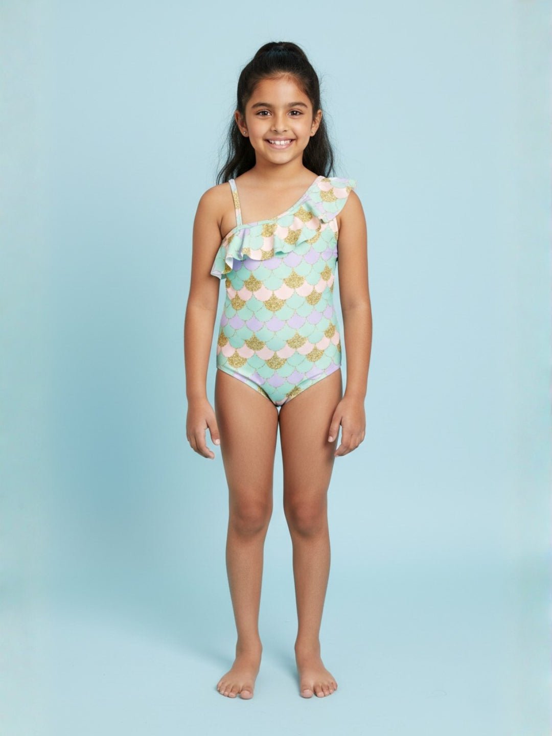 Sparkle Splash Girls Ruffle Mermaid Print One Shoulder Swimsuit
