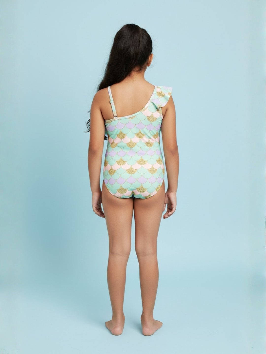 Sparkle Splash Girls Ruffle Mermaid Print One Shoulder Swimsuit