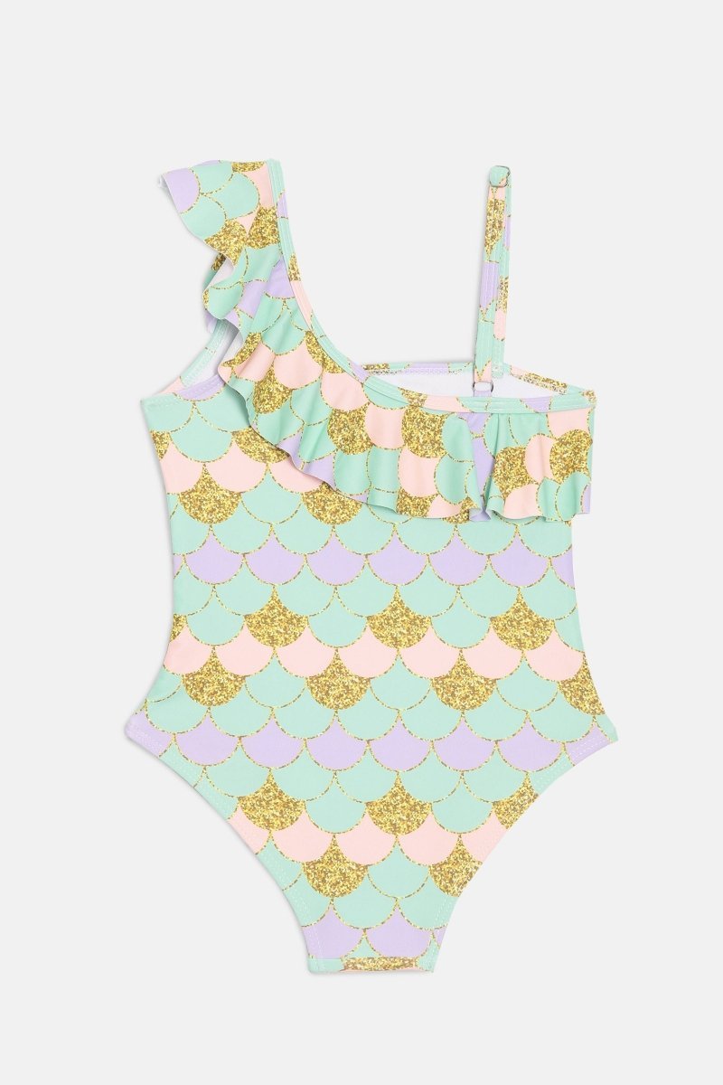 Sparkle Splash Girls Ruffle Mermaid Print One Shoulder Swimsuit