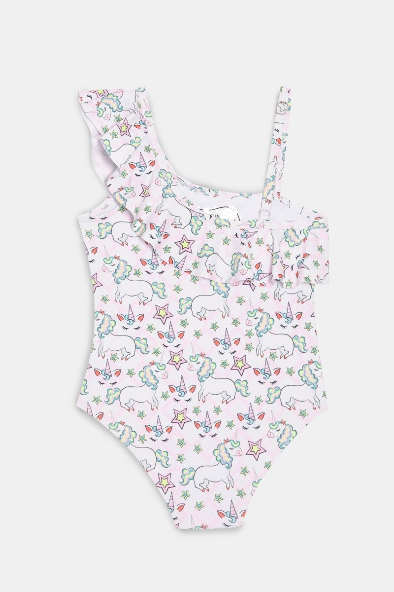 Starry Unicorn Dreams Girls Ruffle One Shoulder Swimsuit