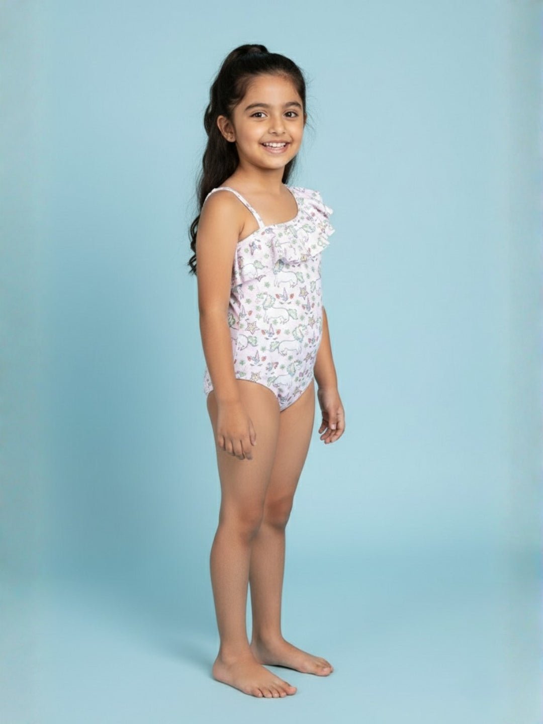 Starry Unicorn Dreams Girls Ruffle One Shoulder Swimsuit