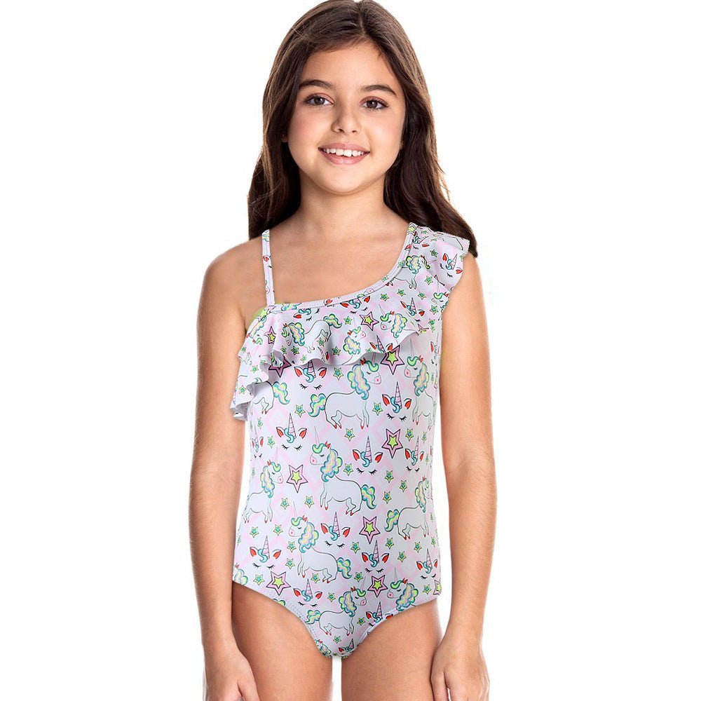 Starry Unicorn Dreams Girls Ruffle One Shoulder Swimsuit