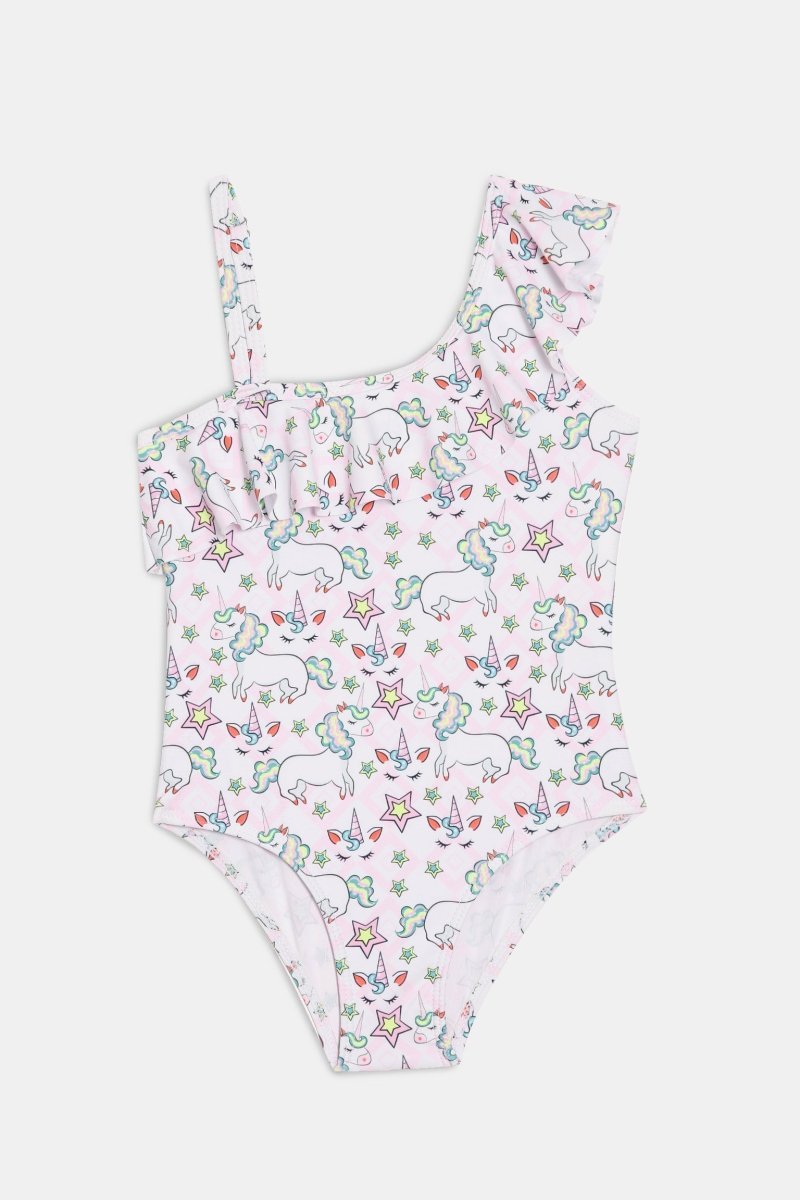 Starry Unicorn Dreams Girls Ruffle One Shoulder Swimsuit
