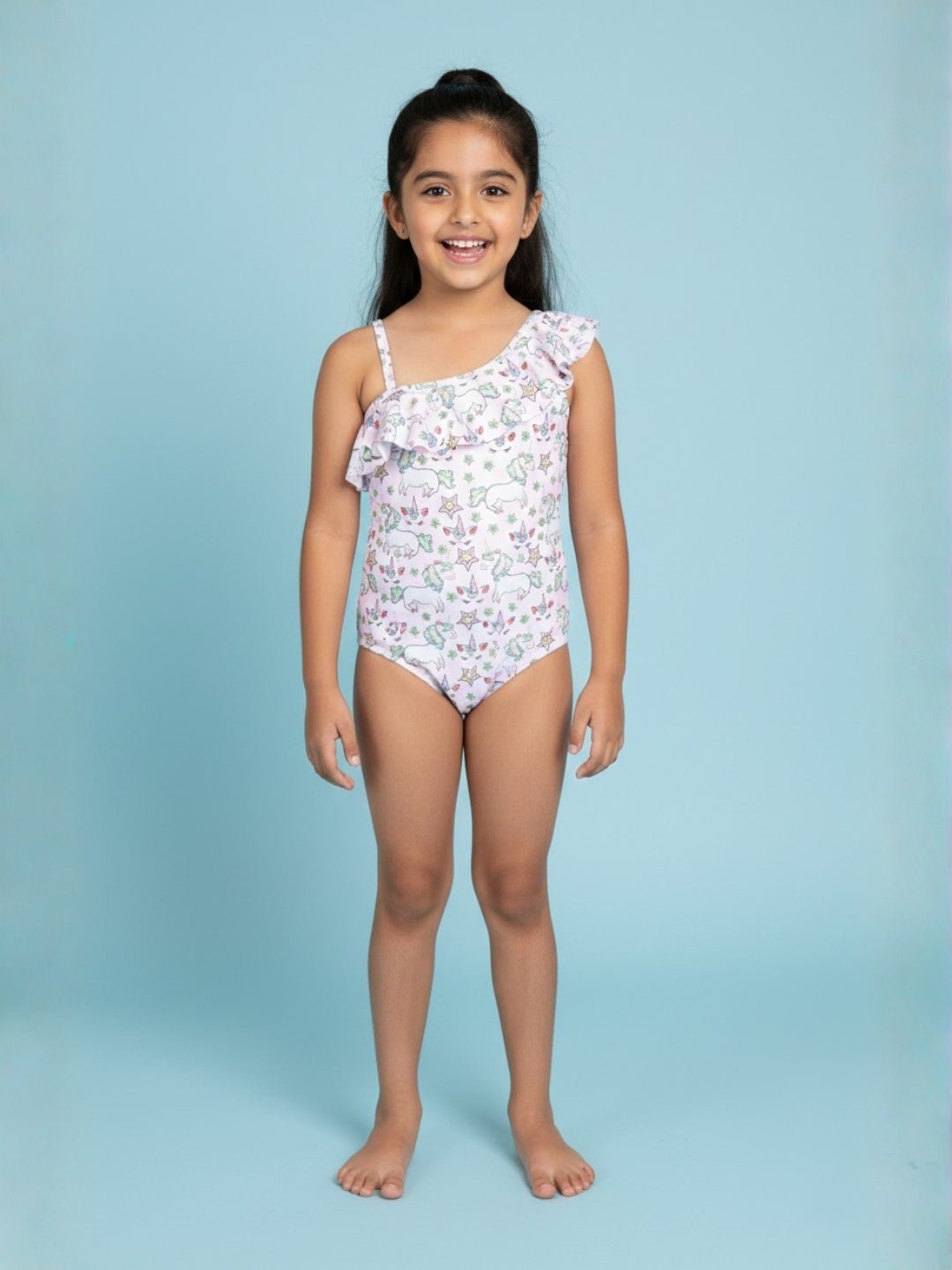 Starry Unicorn Dreams Girls Ruffle One Shoulder Swimsuit