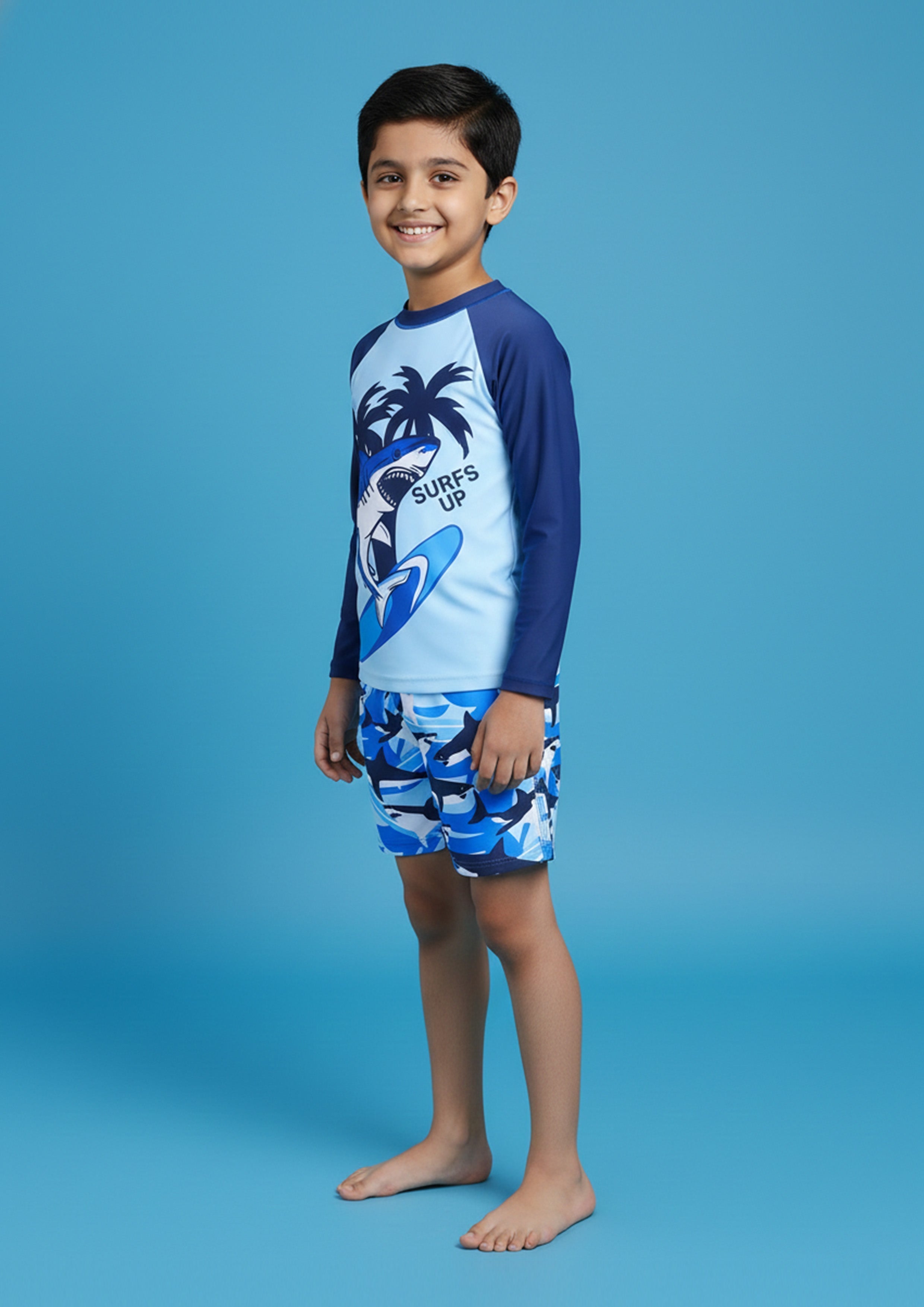 SubMarine Surfer Shark Print Boys Swimsuit Set