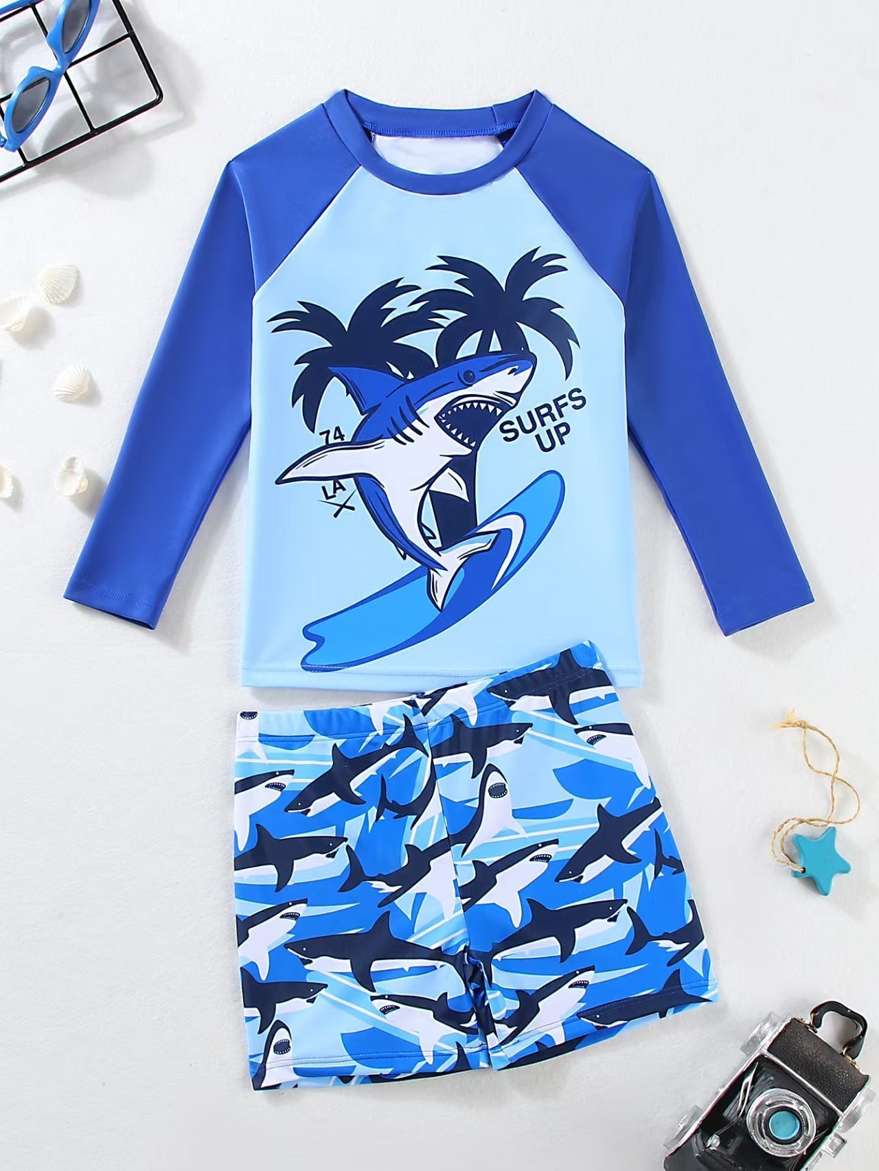 SubMarine Surfer Shark Print Boys Swimsuit Set