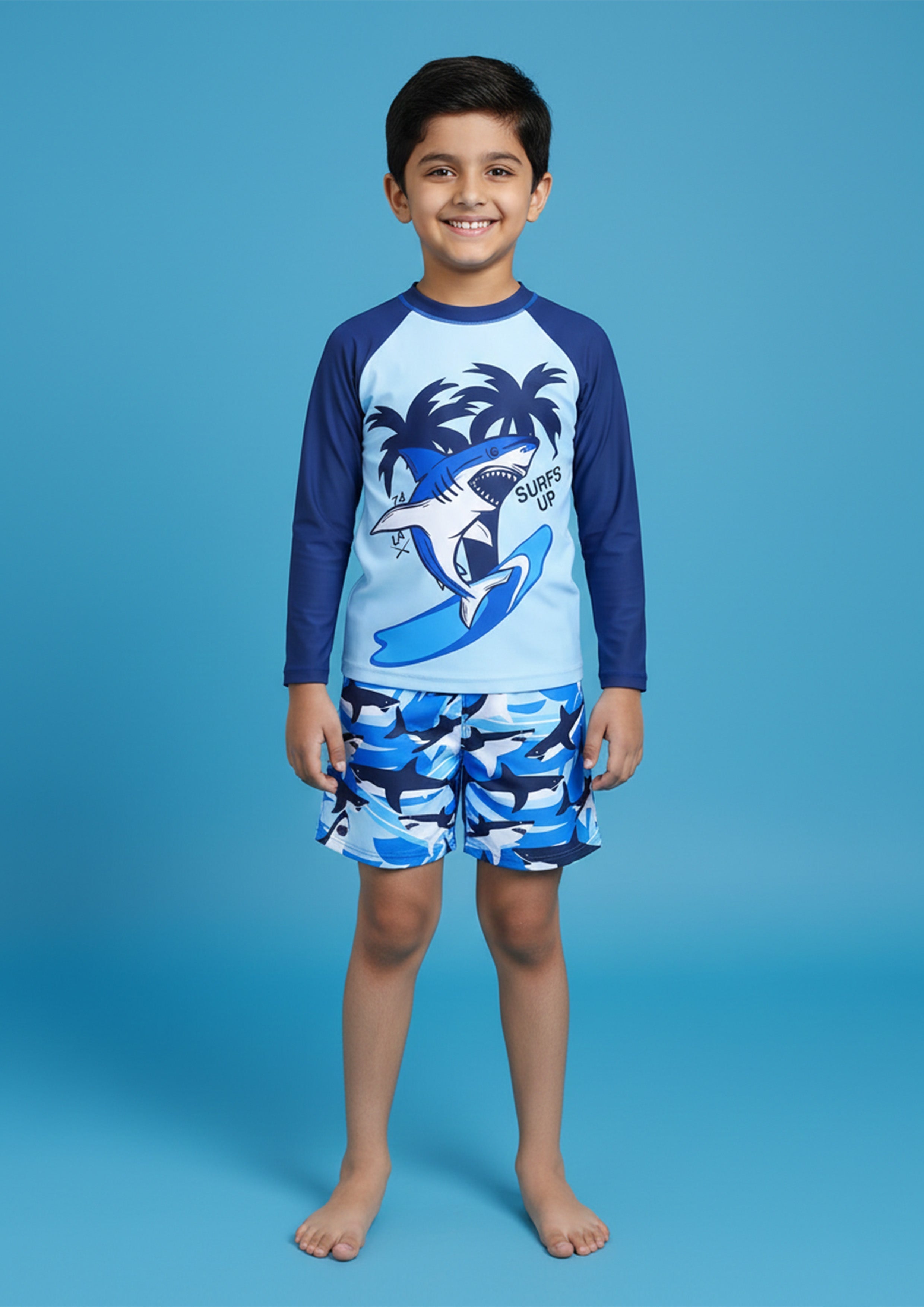 SubMarine Surfer Shark Print Boys Swimsuit Set