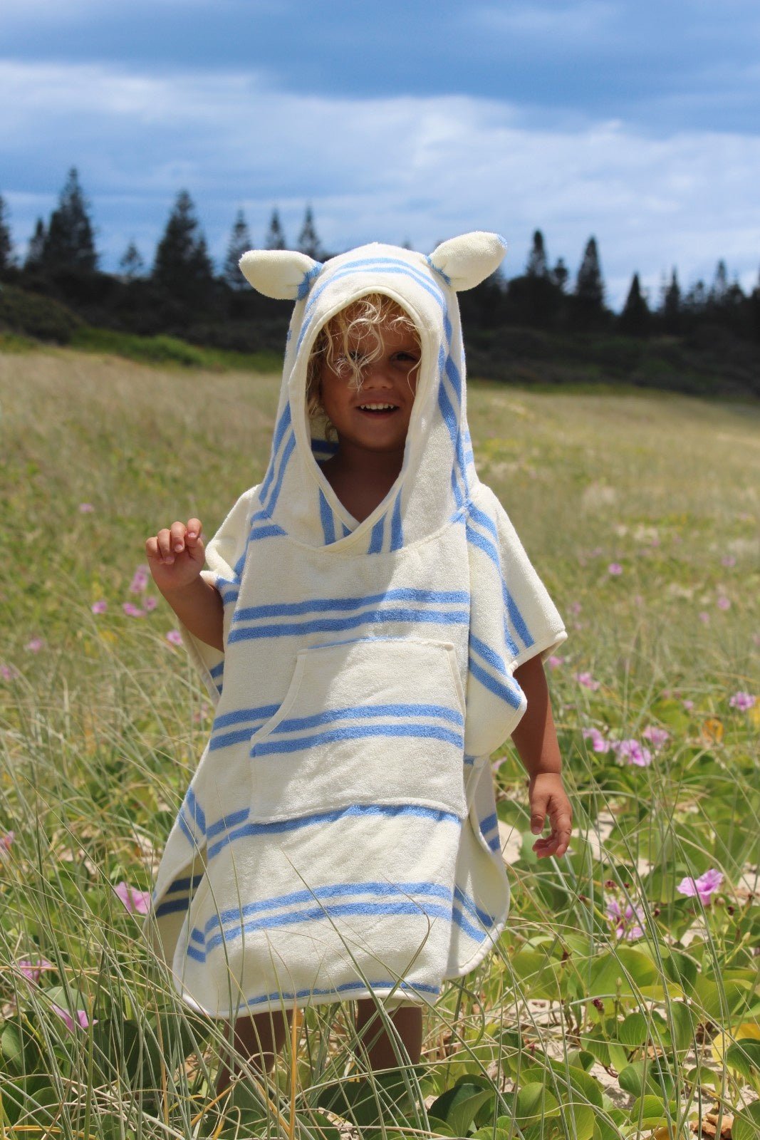 Kids Character Hooded Cotton Blue Stripe Towel With 3D Elements