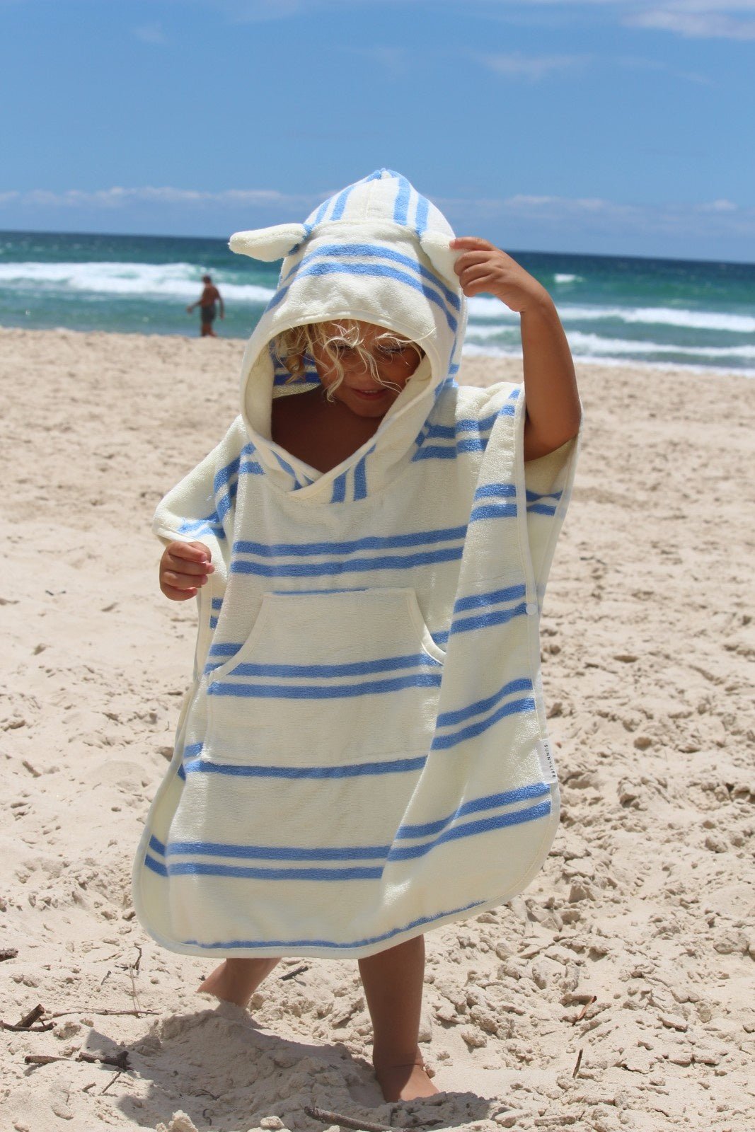 Kids Character Hooded Cotton Blue Stripe Towel With 3D Elements