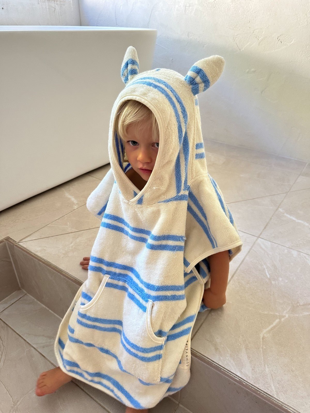 Kids Character Hooded Cotton Blue Stripe Towel With 3D Elements