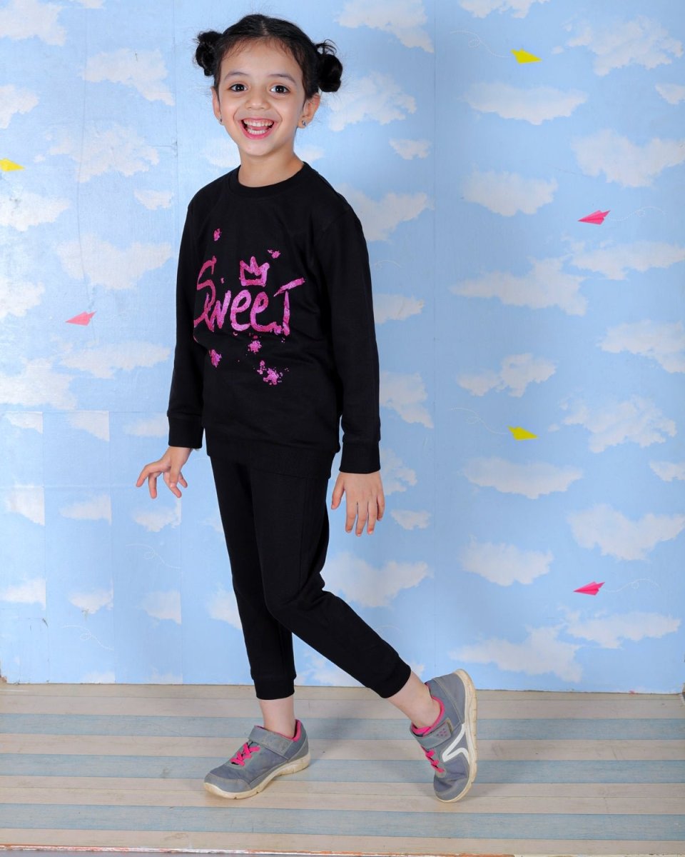  Black Sweet Girl Glitter Jogger Set For Kids