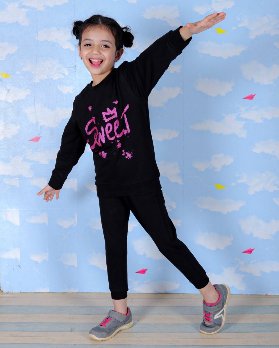  Black Sweet Girl Glitter Jogger Set For Kids