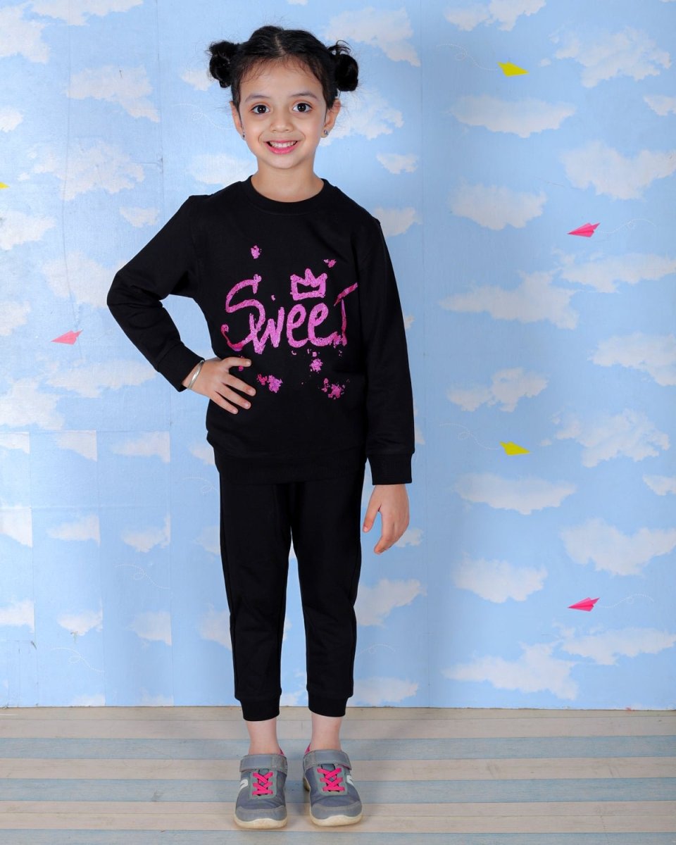  Black Sweet Girl Glitter Jogger Set For Kids