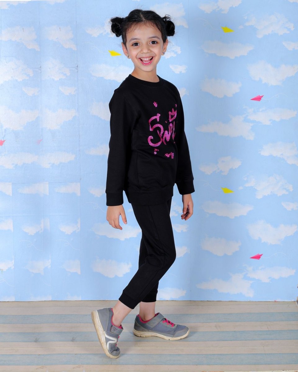  Black Sweet Girl Glitter Jogger Set For Kids