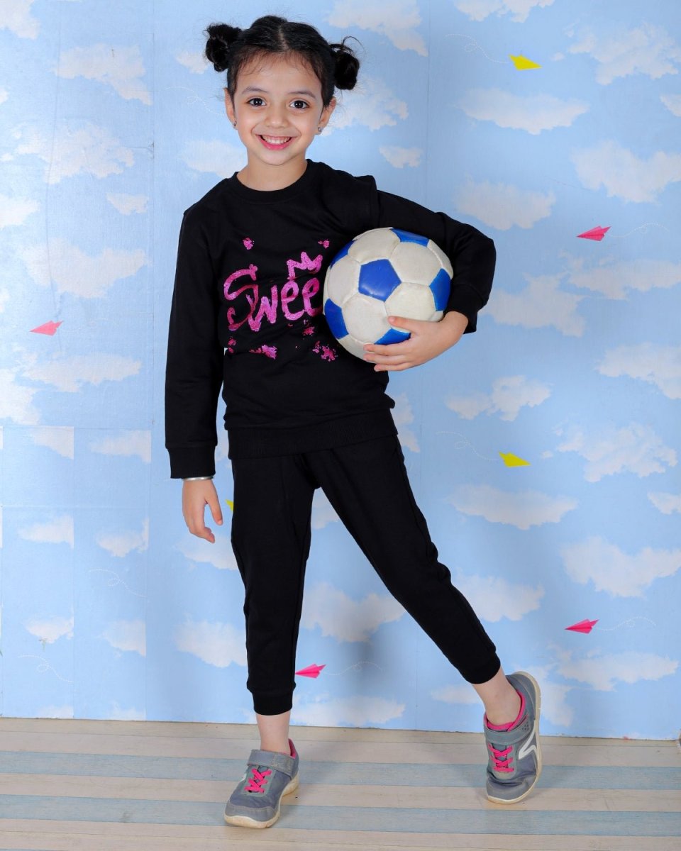  Black Sweet Girl Glitter Jogger Set For Kids
