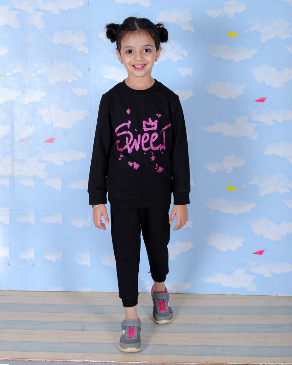  Black Sweet Girl Glitter Jogger Set For Kids