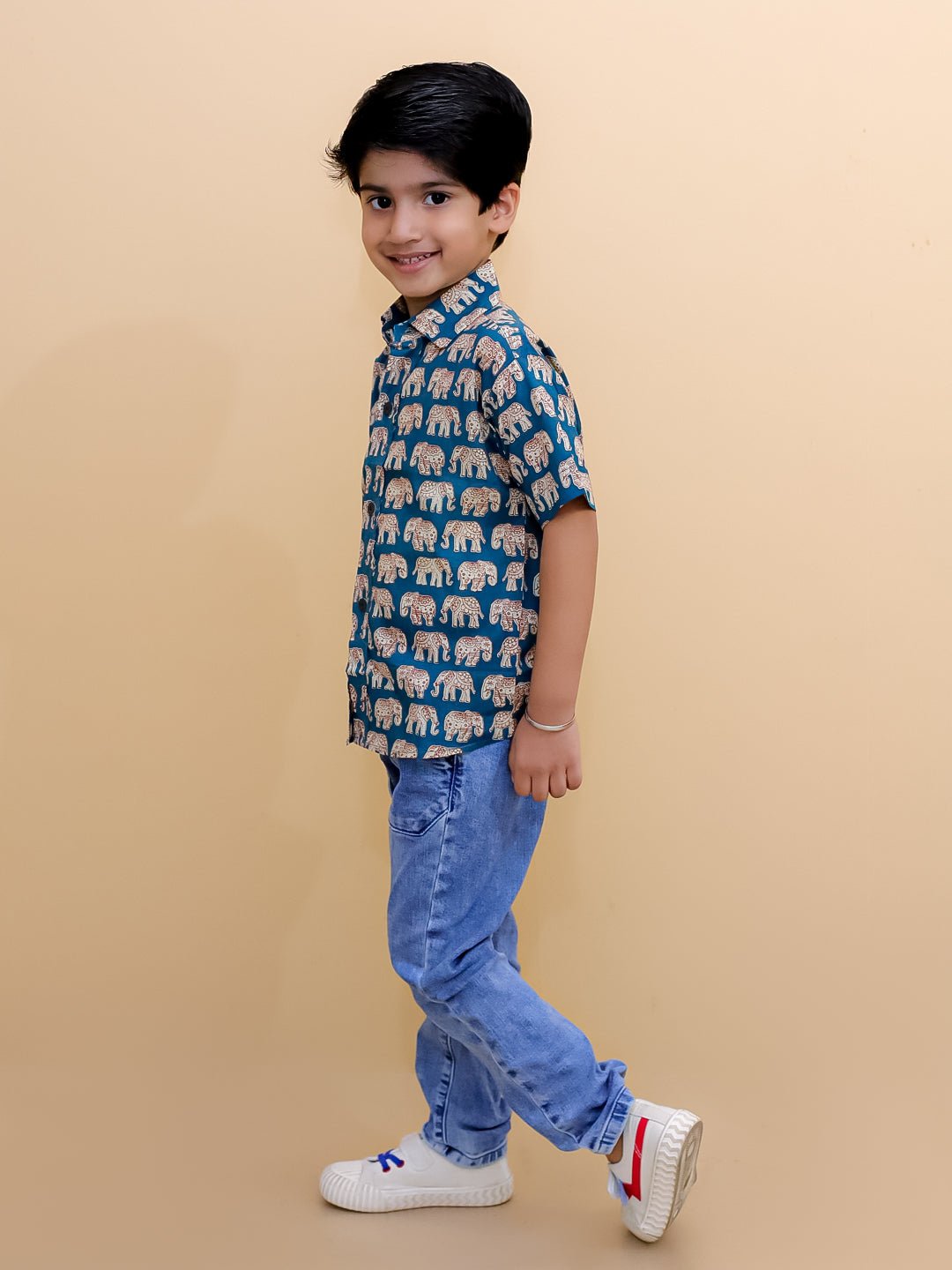 Teal Elephant Print Boys Collared Half Sleeve Shirt