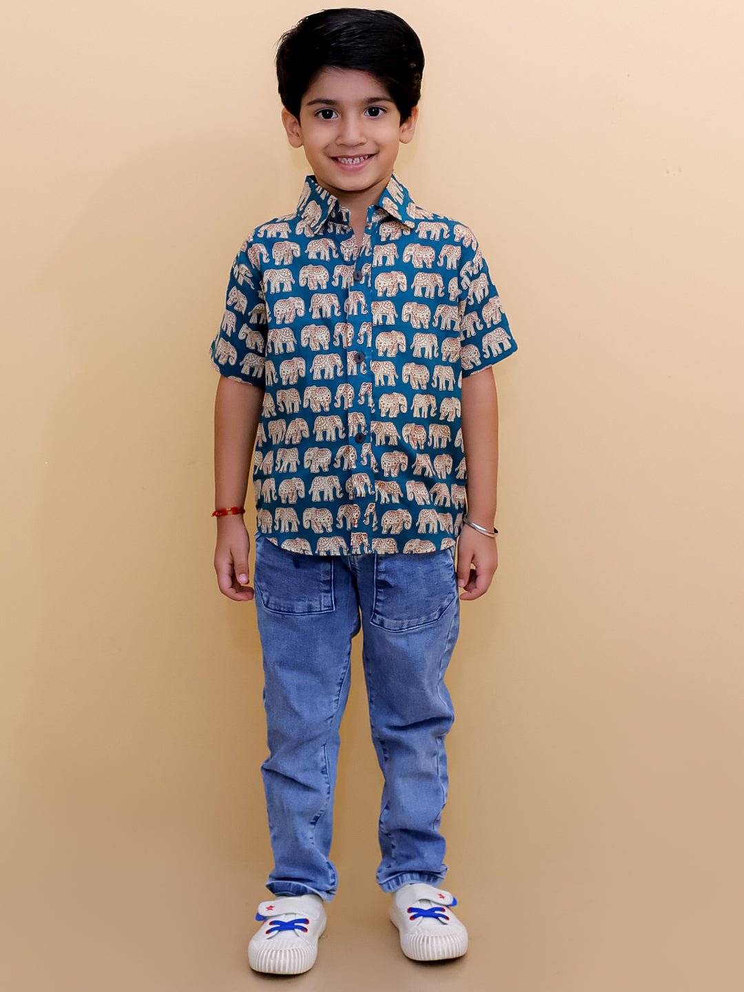 Teal Elephant Print Boys Collared Half Sleeve Shirt