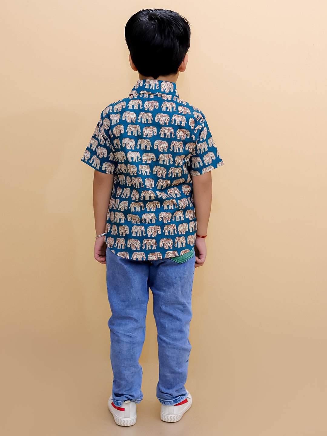 Teal Elephant Print Boys Collared Half Sleeve Shirt