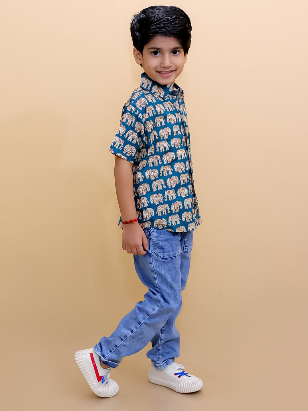 Teal Elephant Print Boys Collared Half Sleeve Shirt