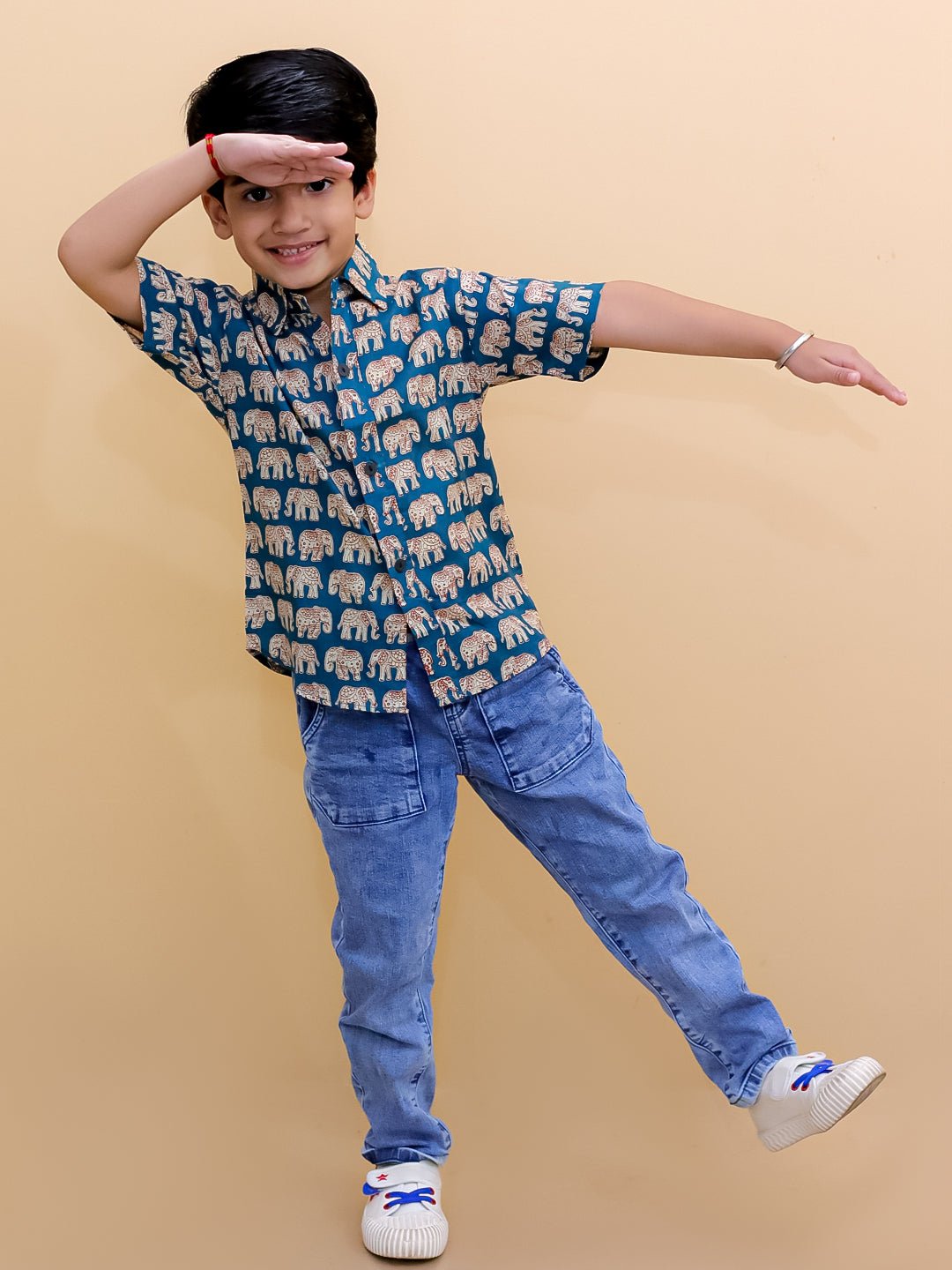 Teal Elephant Print Boys Collared Half Sleeve Shirt
