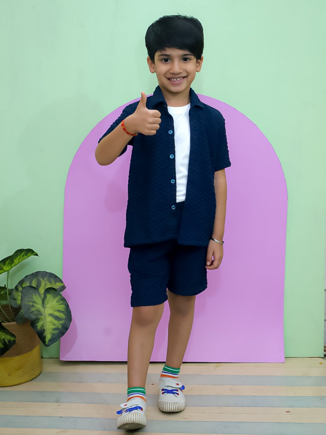 Teal Glam Print Half Sleeve Cotton Co-ord Set For Boys