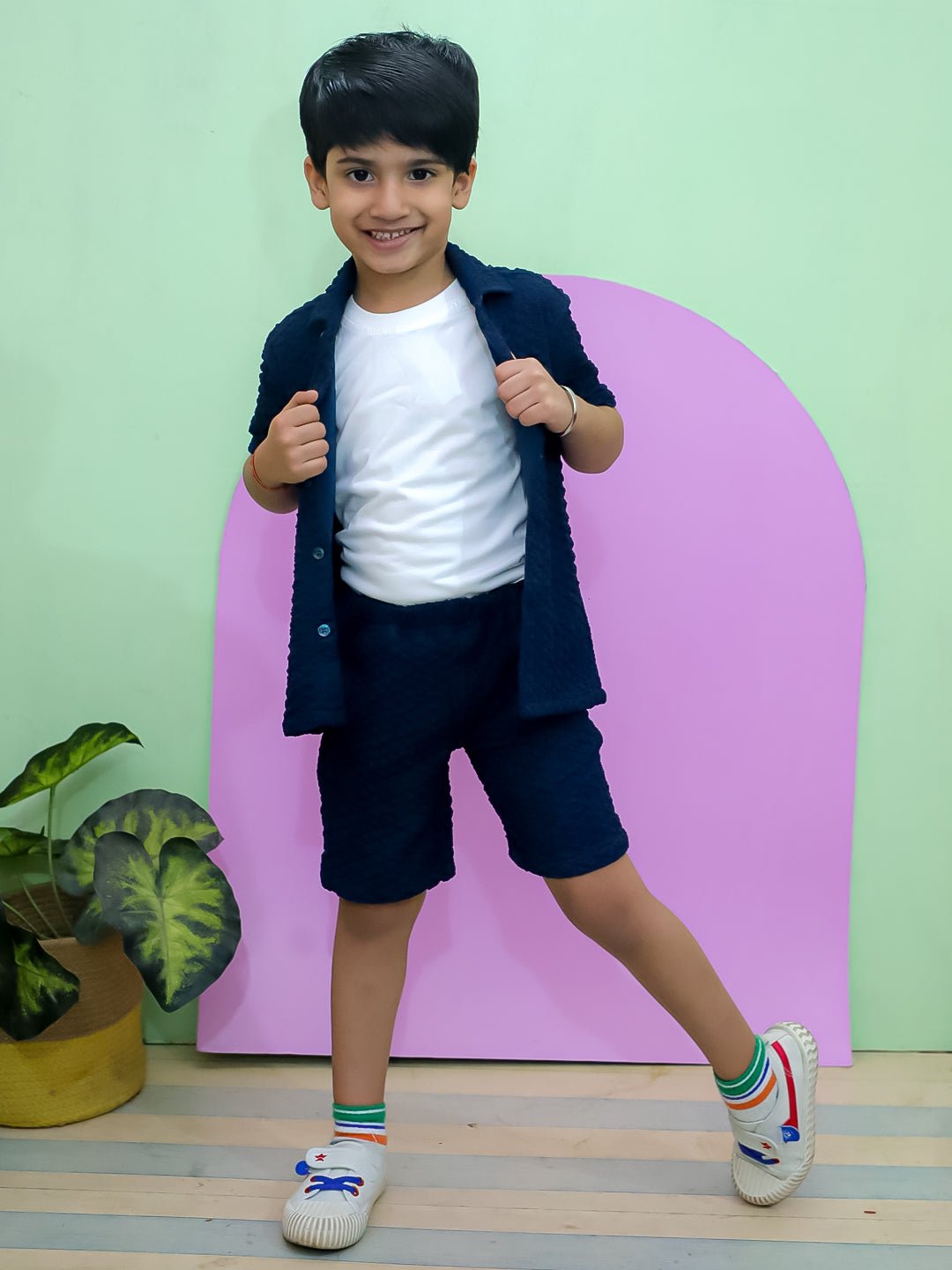 Teal Glam Print Half Sleeve Cotton Co-ord Set For Boys