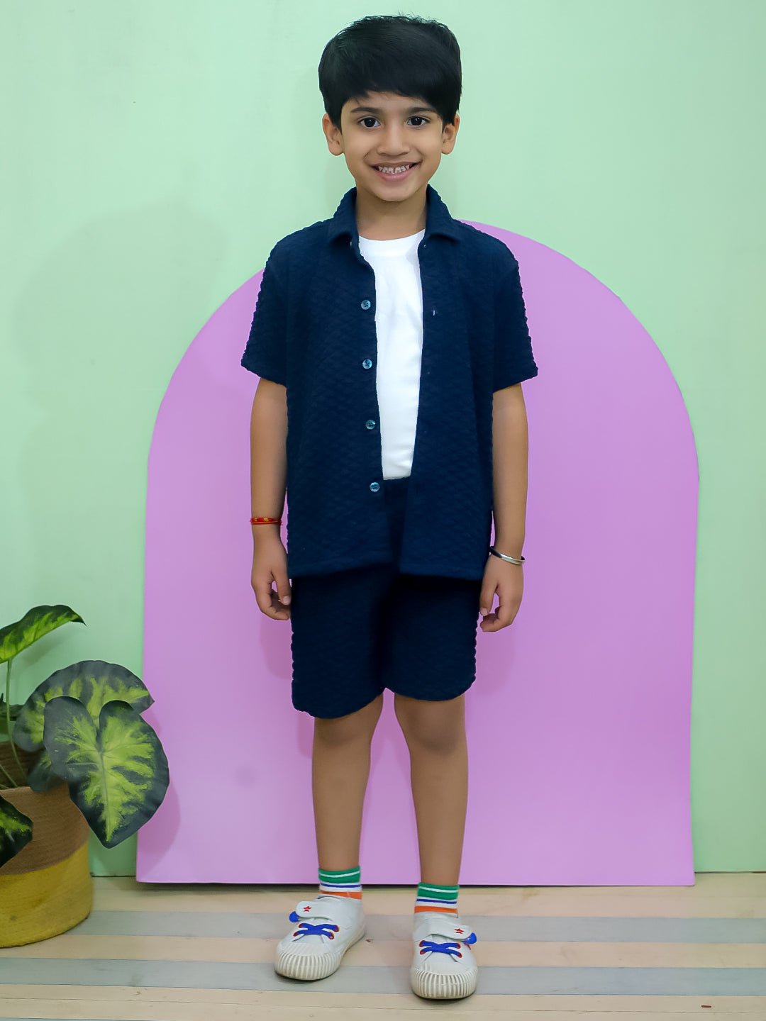 Teal Glam Print Half Sleeve Cotton Co-ord Set For Boys