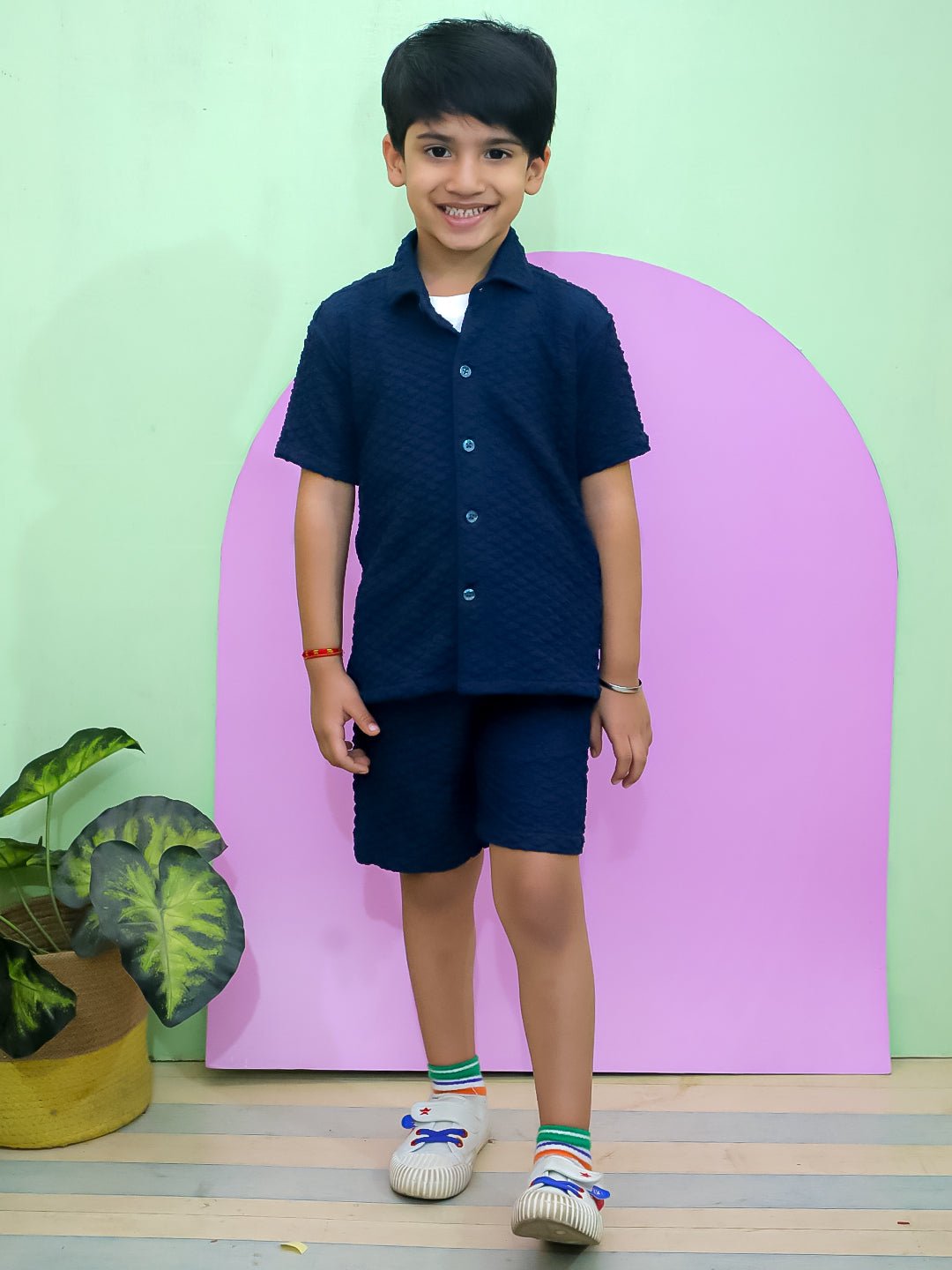Teal Glam Print Half Sleeve Cotton Co-ord Set For Boys