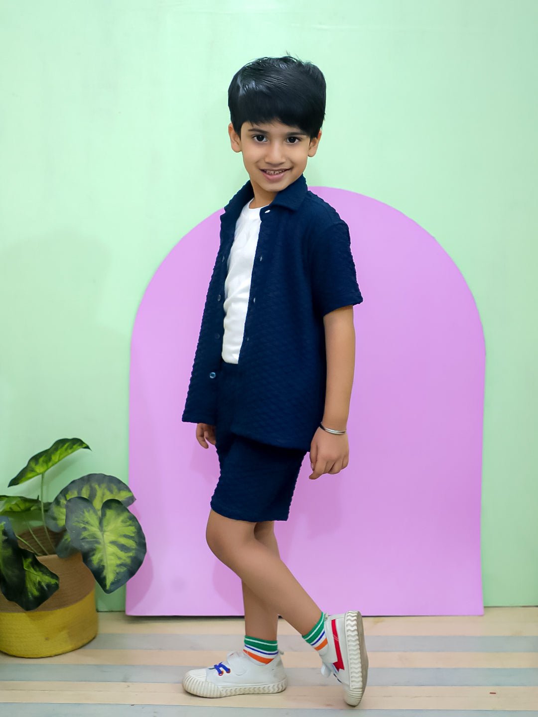 Teal Glam Print Half Sleeve Cotton Co-ord Set For Boys
