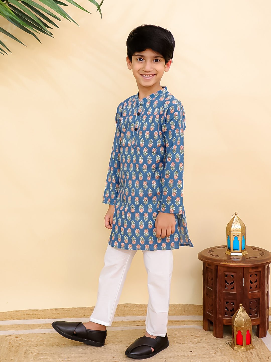 Teal Tango Print Boys Kurta Pajama Set