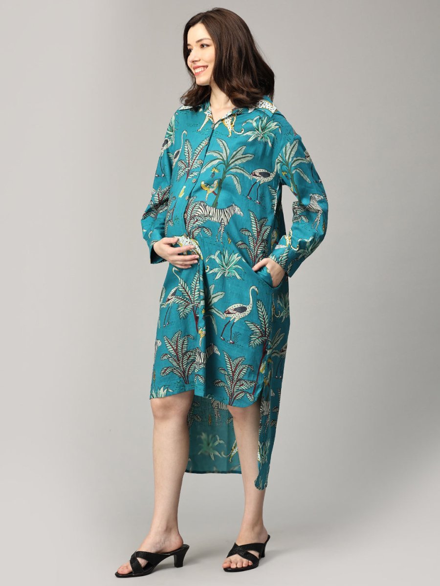  Teal Tropic Safari Maternity and Nursing Oversized Shirt Dress Multi