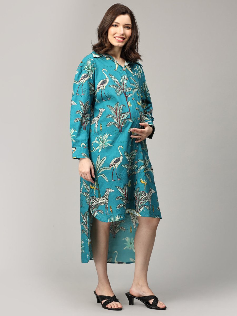  Teal Tropic Safari Maternity and Nursing Oversized Shirt Dress Multi