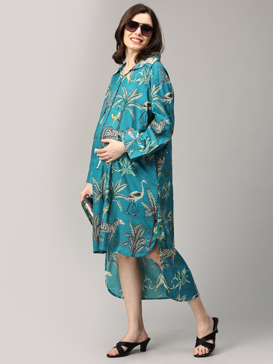  Teal Tropic Safari Maternity and Nursing Oversized Shirt Dress Multi