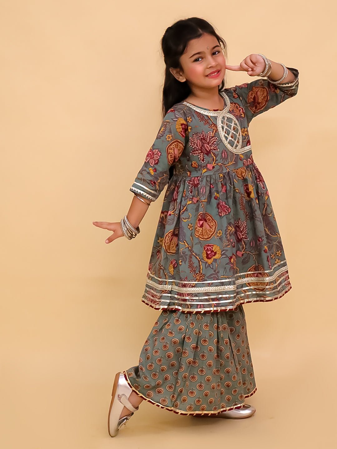 Tealrang Block Print Girls Anarkali Sharara Set