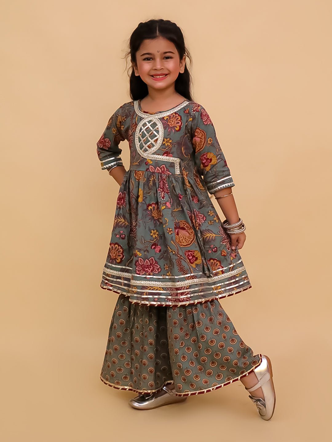 Tealrang Block Print Girls Anarkali Sharara Set