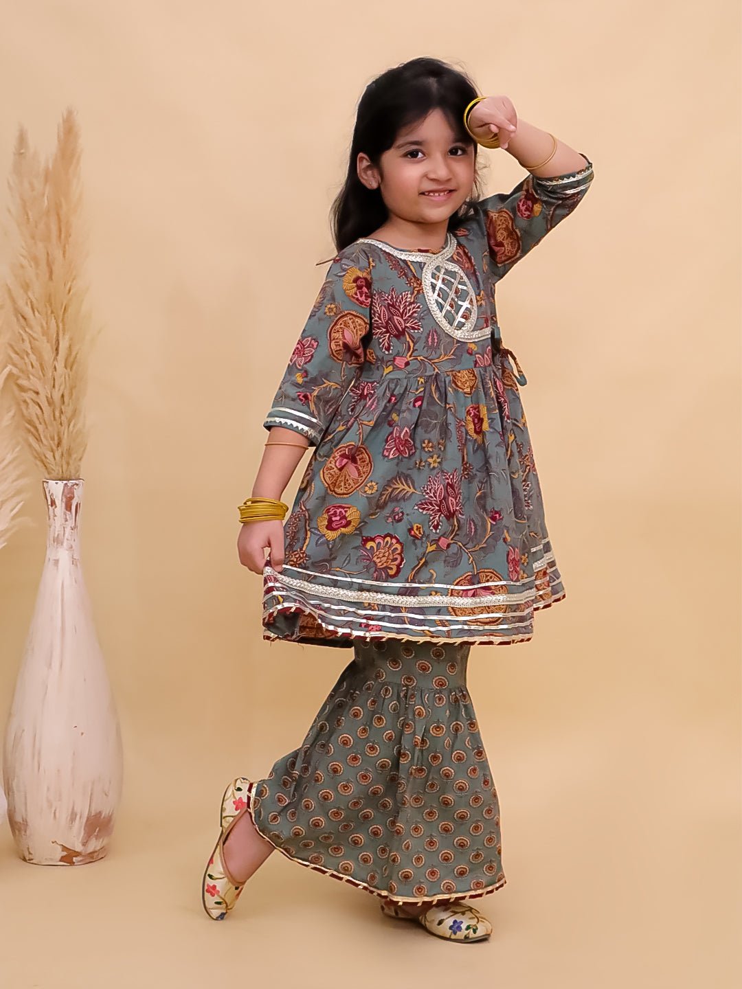 Tealrang Block Print Girls Anarkali Sharara Set