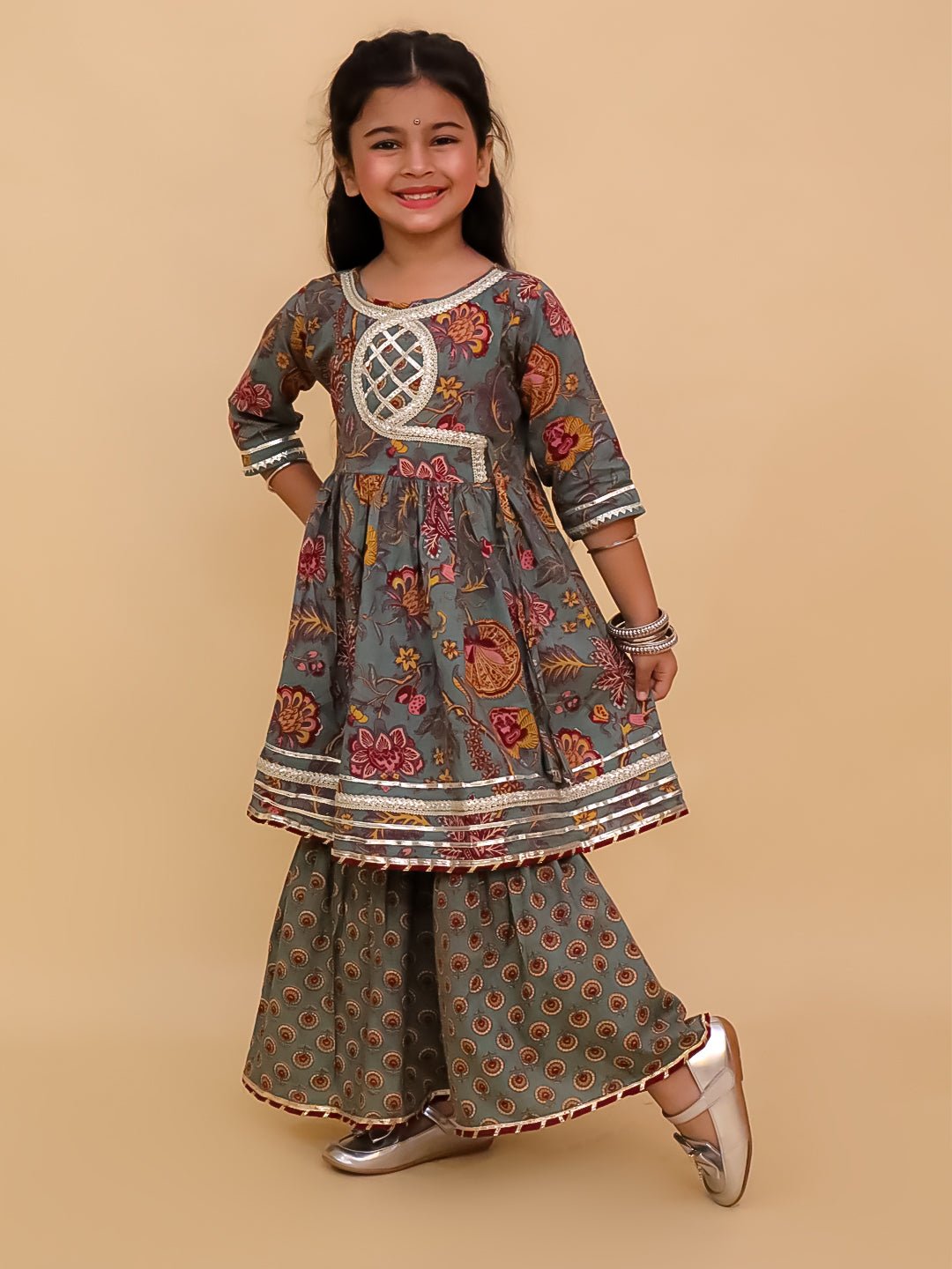 Tealrang Block Print Girls Anarkali Sharara Set
