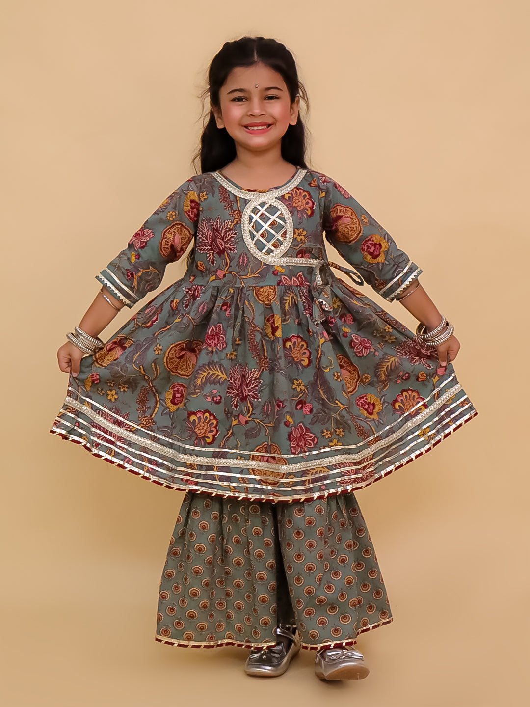 Tealrang Block Print Girls Anarkali Sharara Set