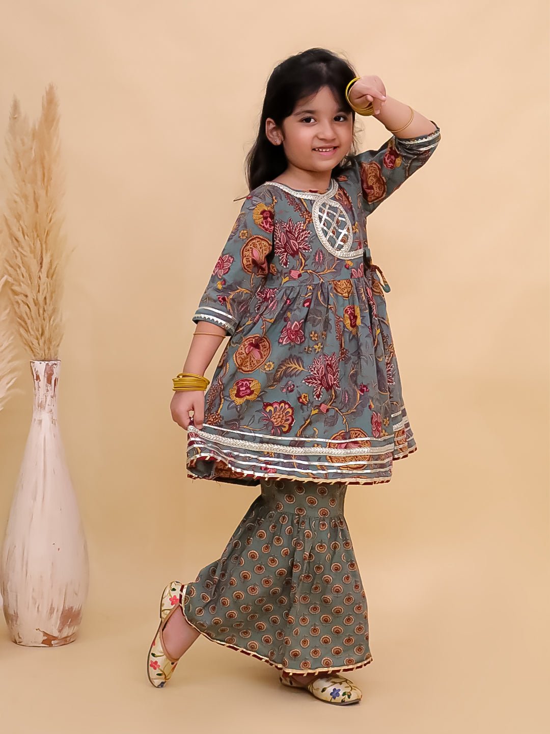 Tealrang Block Print Girls Anarkali Sharara Set