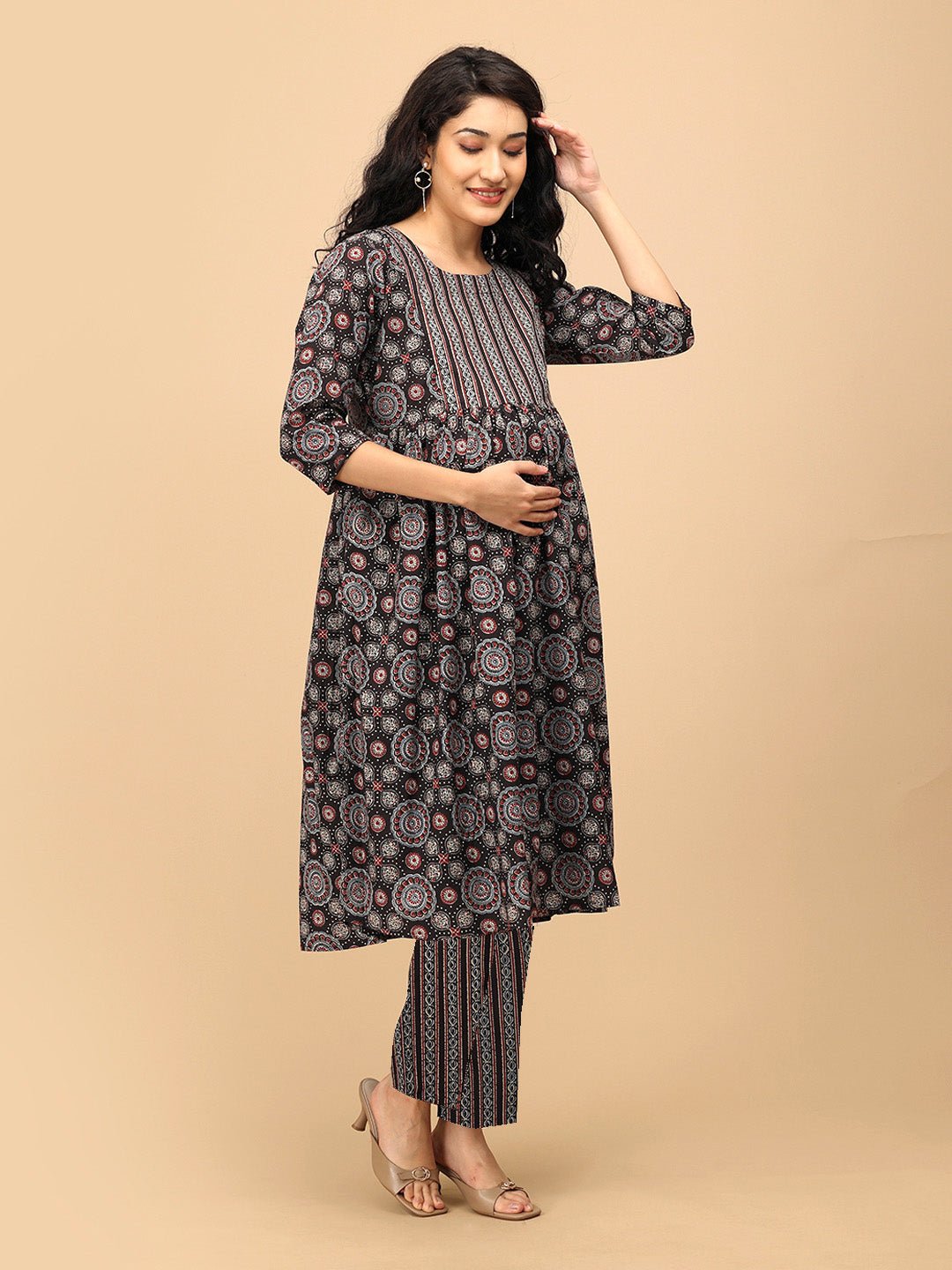  Ajrakh Edit Maternity and Nursing Kurta Set Black