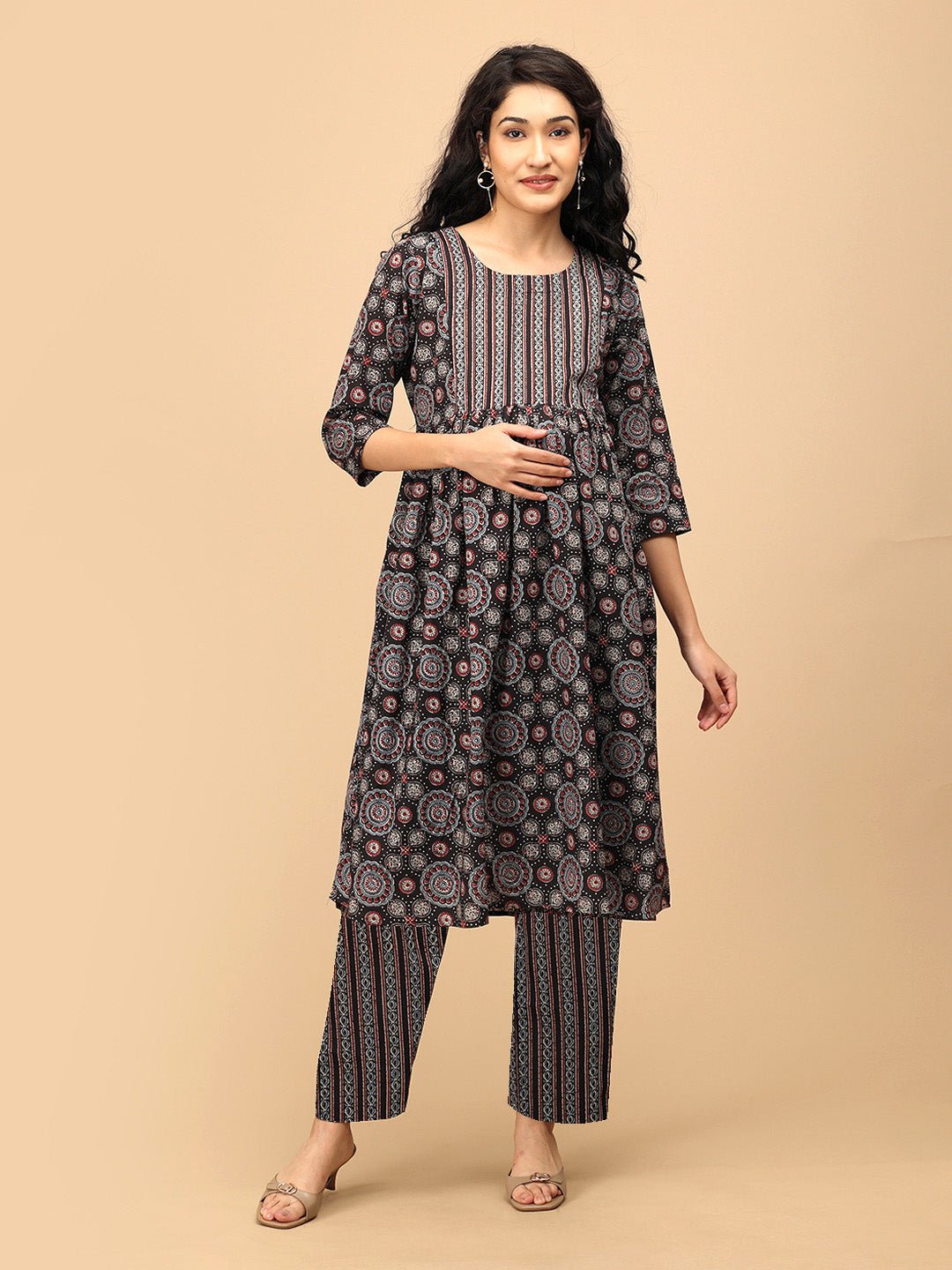  Ajrakh Edit Maternity and Nursing Kurta Set Black
