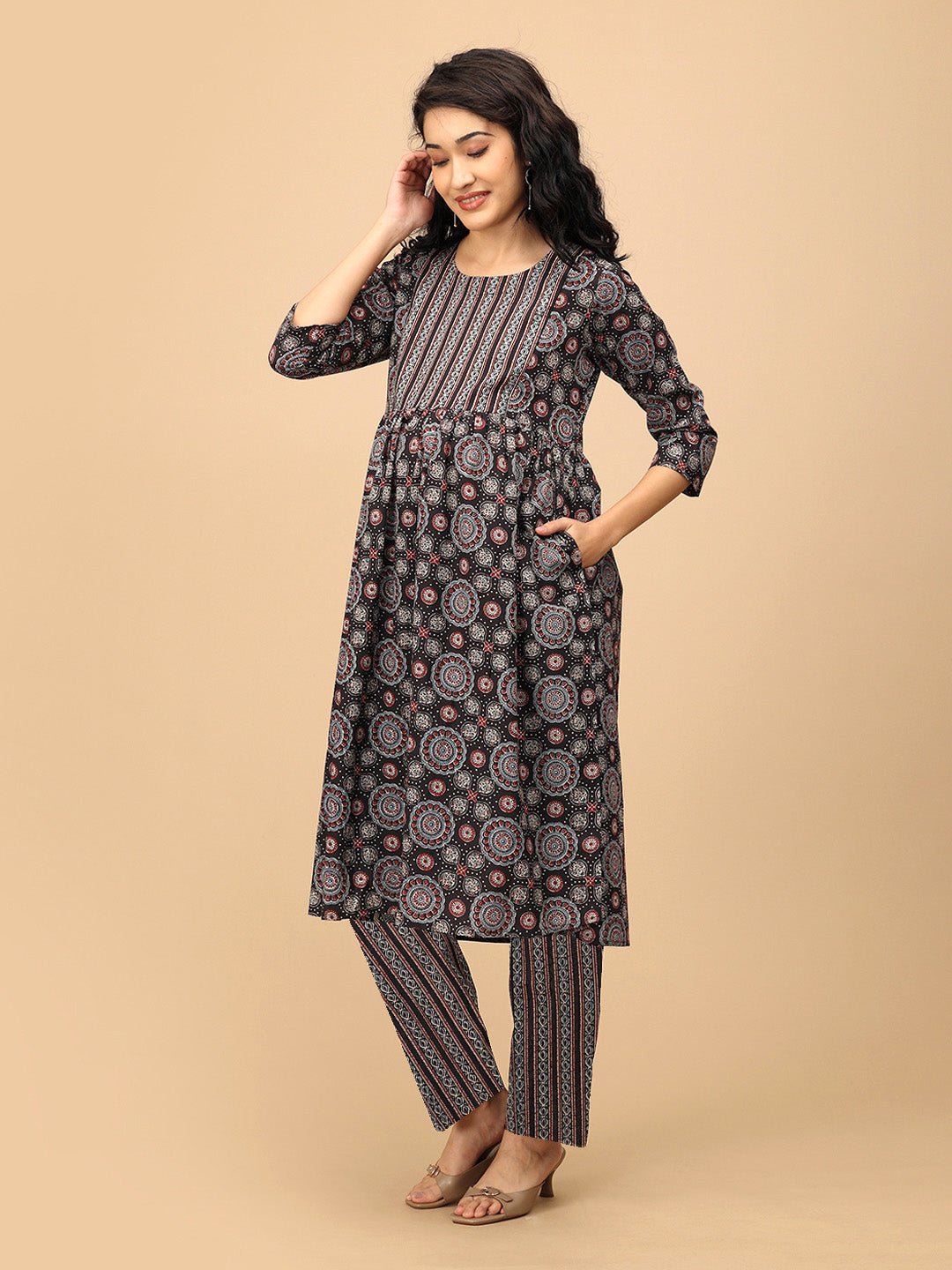  Ajrakh Edit Maternity and Nursing Kurta Set Black