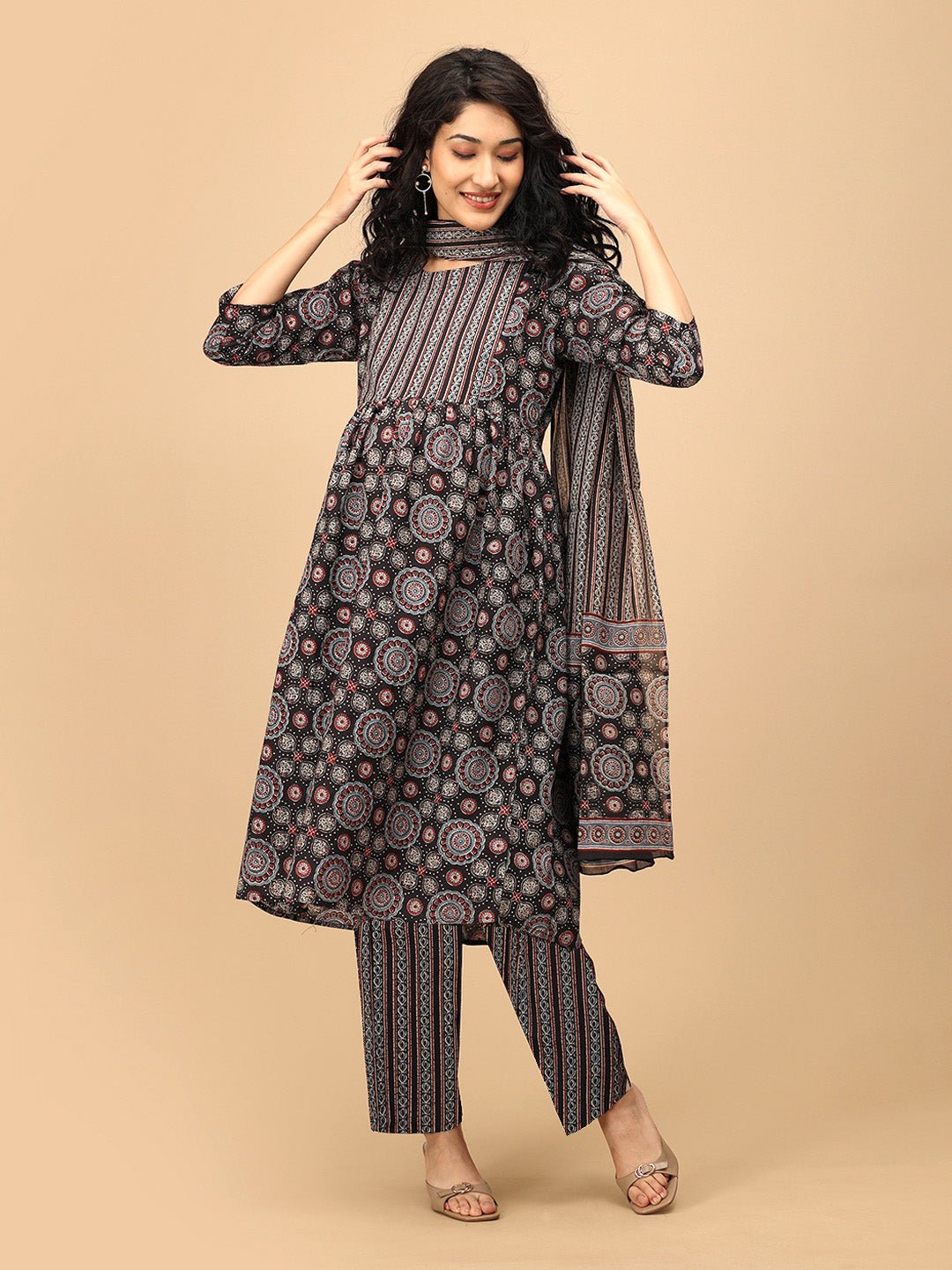  Ajrakh Edit Maternity and Nursing Kurta Set Black